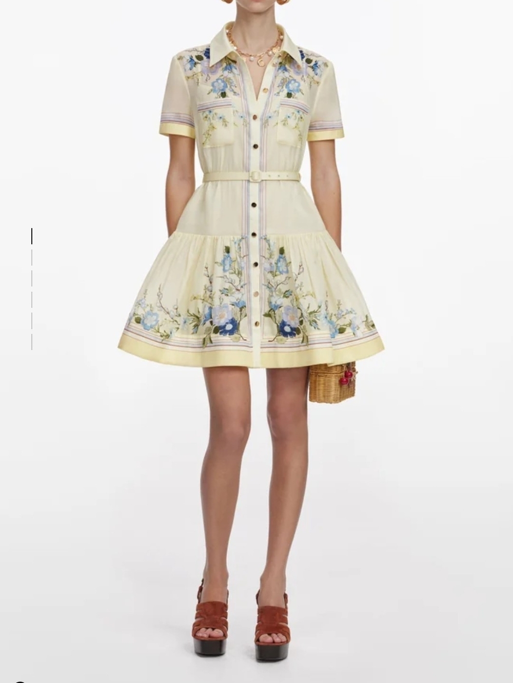 Self-Portrait Pale Yellow Floral Shirt Dress with Blue Accents